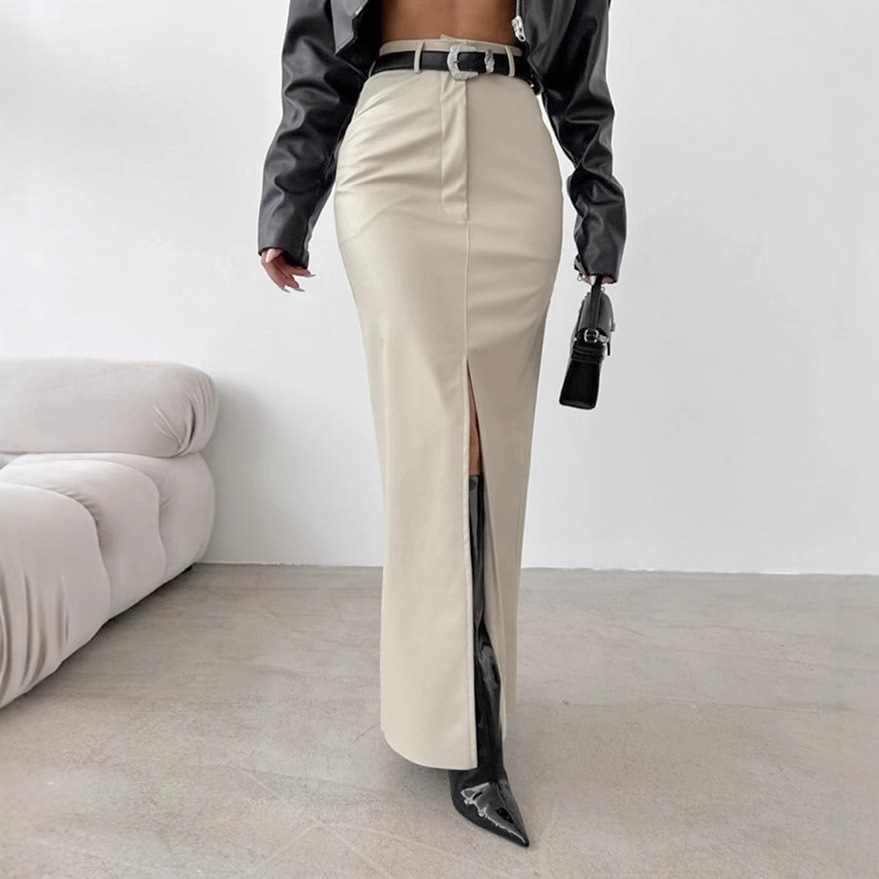 OM- 2024 Leather Design Split Solid Color High Waist Simple Leather Fitted Skirt