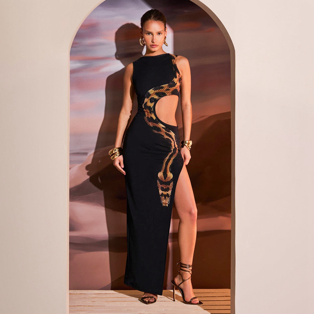 OM- 2024 Summer New Sleeveless Sexy Fitted Split Long Dress Openwork Dress Evening Dress