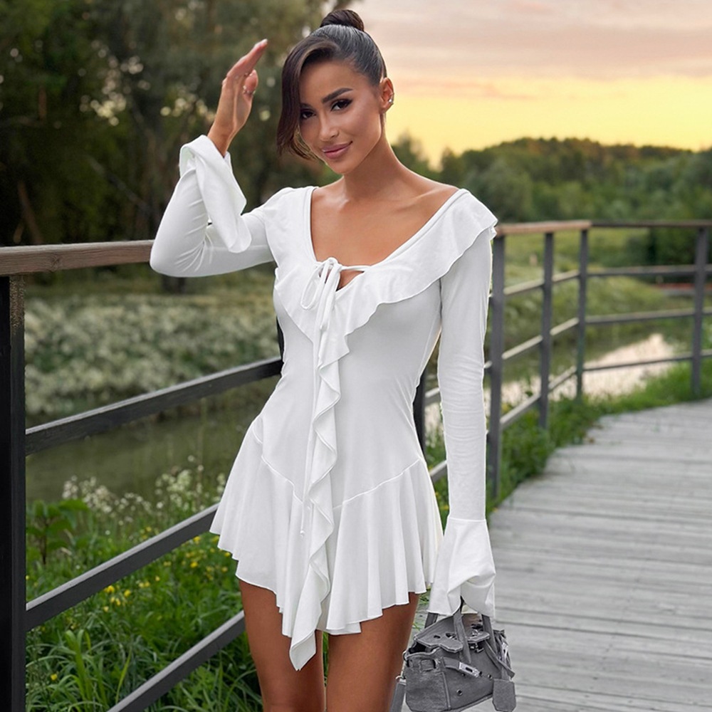 OM- 2024 Lotus Leaf Edge Pointed Collar Tie-Up Bell Sleeve Dress