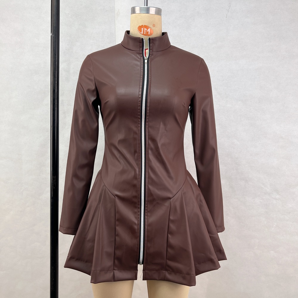 OM-Fashionable Slim-Fit Long-Sleeved Pleated Skirt PU Leather Zipper Dress