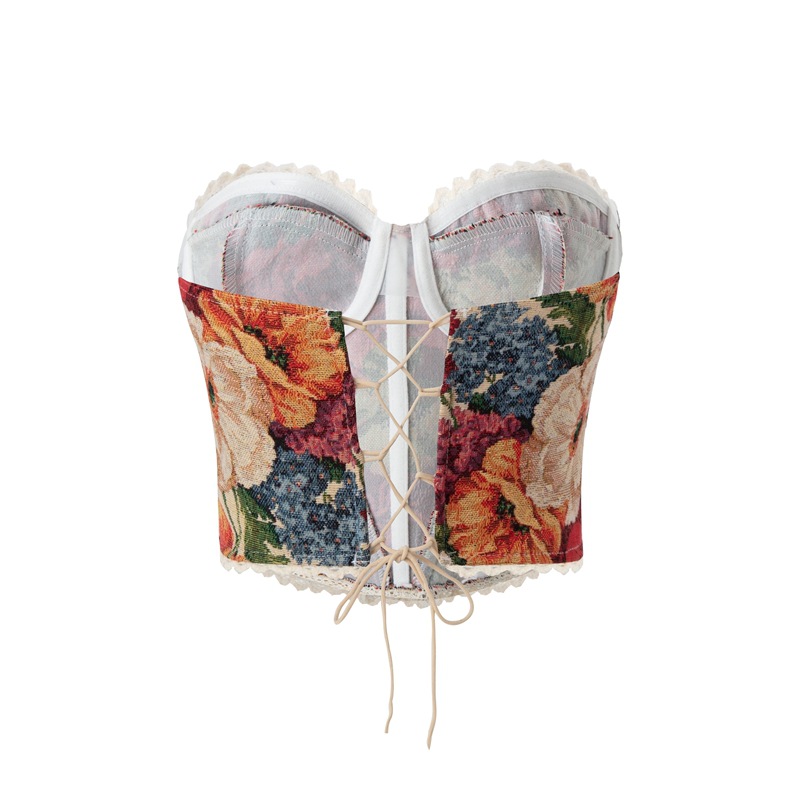 OM - Street Retro Jacquard Wrap-Around Lace-Up French Narrow Fishbone Waist Cincher Slim-Fit Crop Top
