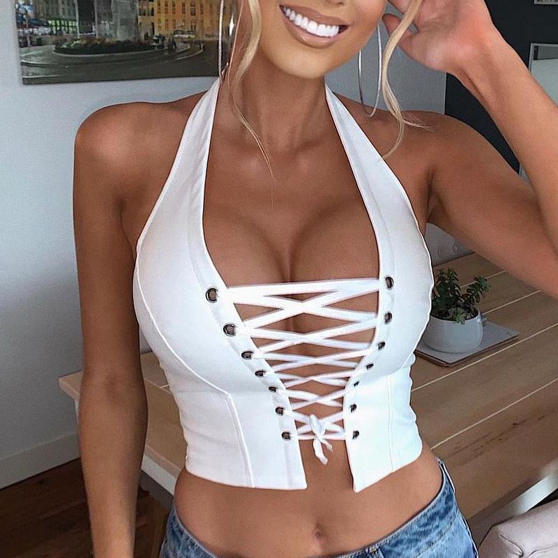 OM-2023 Summer Bestseller: Sexy Backless Tie-Front Short Women's PU Tank Top