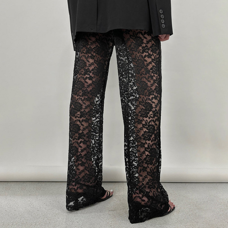 OM-2025 Summer New Arrival Sexy and Versatile Lace See-Through High-Waisted Patchwork Long Straight Leg Pants Women's Pants