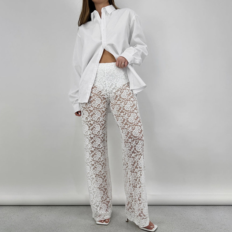 OM-2025 Summer New Arrival Sexy and Versatile Lace See-Through High-Waisted Patchwork Long Straight Leg Pants Women's Pants