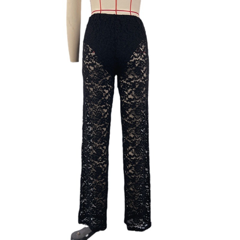 OM-2025 Summer New Arrival Sexy and Versatile Lace See-Through High-Waisted Patchwork Long Straight Leg Pants Women's Pants