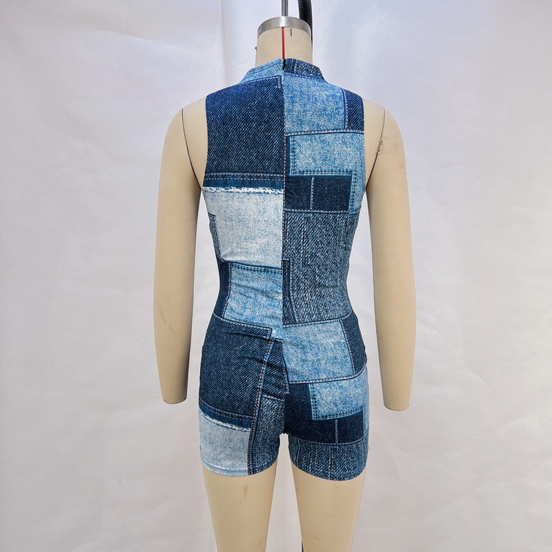 OM-2025 Summer New Casual Sleeveless Denim Printed Waist-cinching and Butt-lifting Jumpsuit